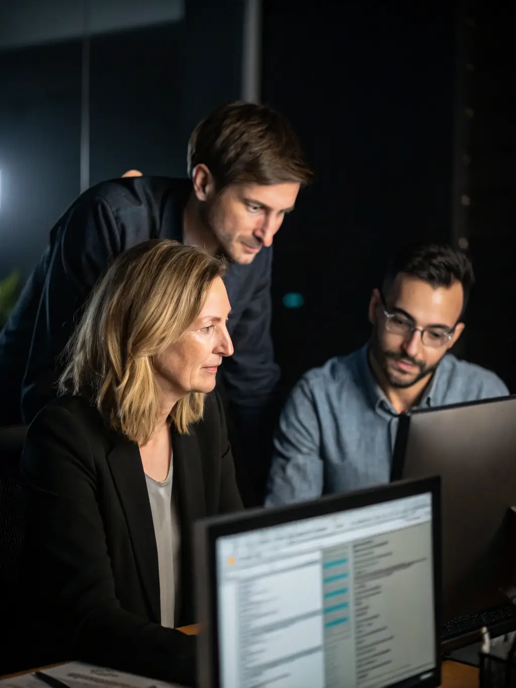 A professional team collaborating on a digital marketing strategy in a modern office setting, with charts and data displayed on large screens.